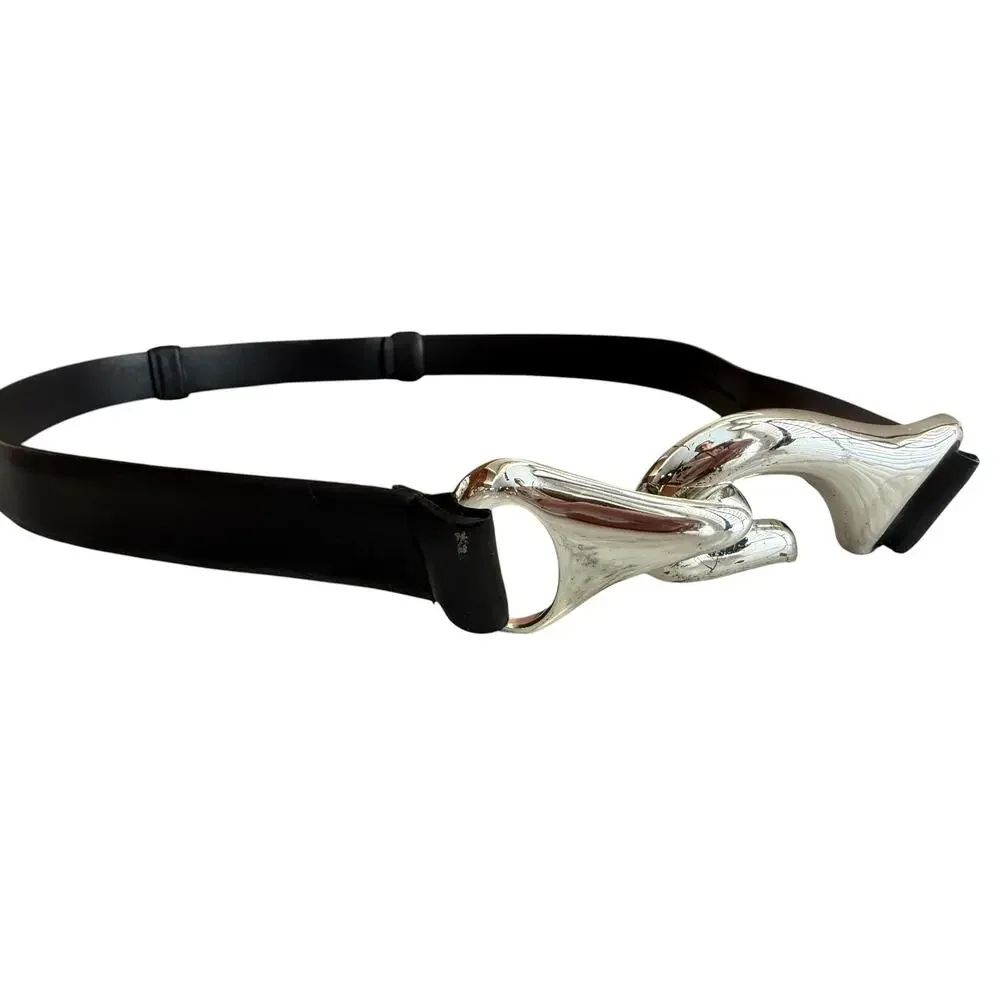 Chicos Leather Adjustable Slide Belt Black Silver Fish Hook Buckle